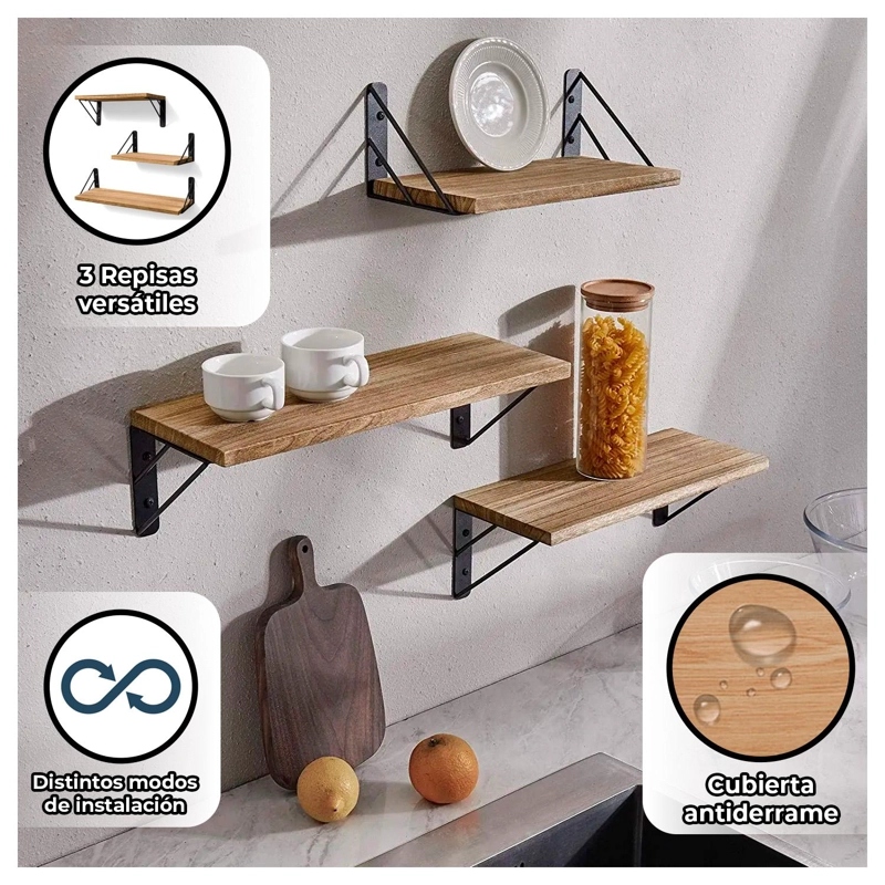 SET DE 3 REPISAS FLOTANTES DE MADERA Y METAL ORGANIZACION MODERNA - 2