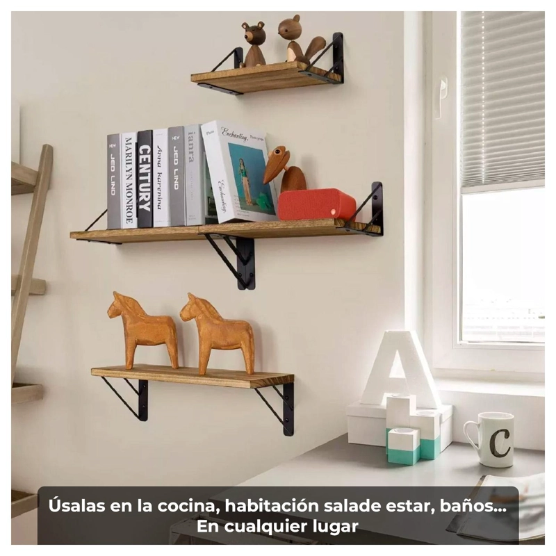 SET DE 3 REPISAS FLOTANTES DE MADERA Y METAL ORGANIZACION MODERNA - 3