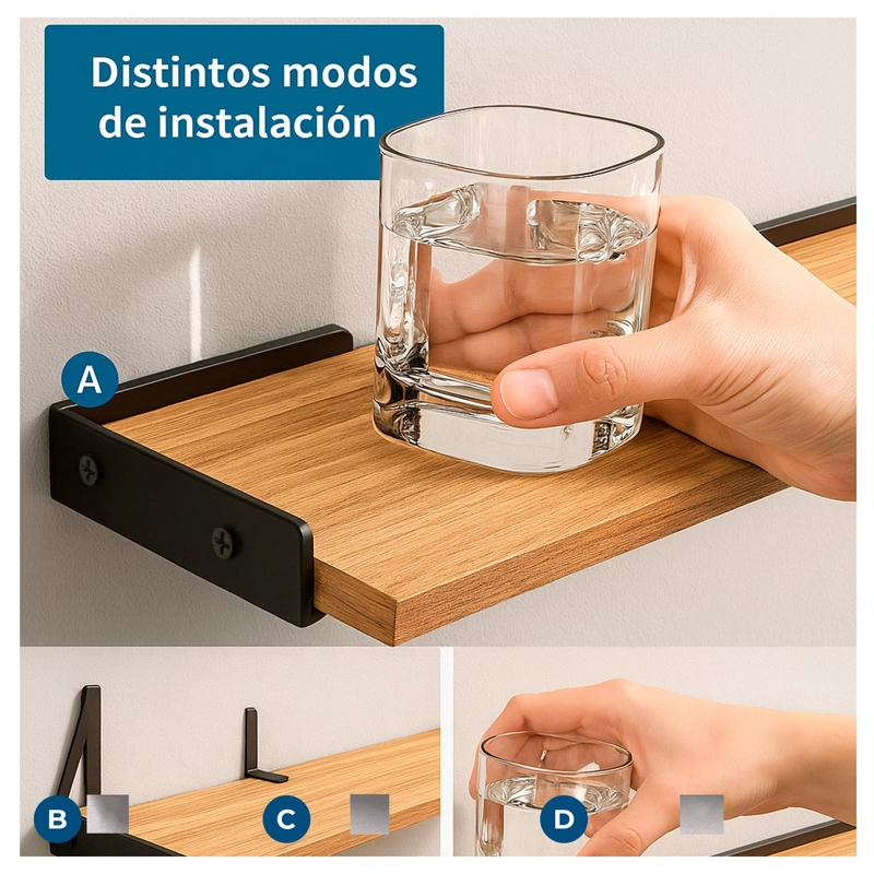SET DE 3 REPISAS FLOTANTES DE MADERA Y METAL ORGANIZACION MODERNA - 5