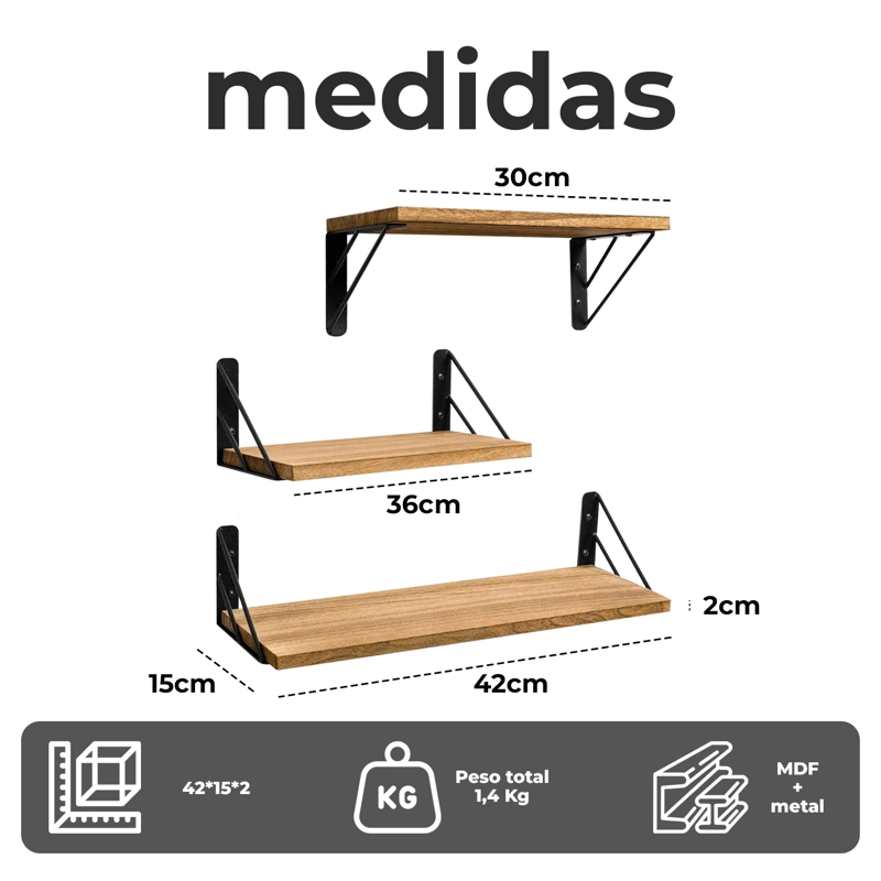 SET DE 3 REPISAS FLOTANTES DE MADERA Y METAL ORGANIZACION MODERNA - 6