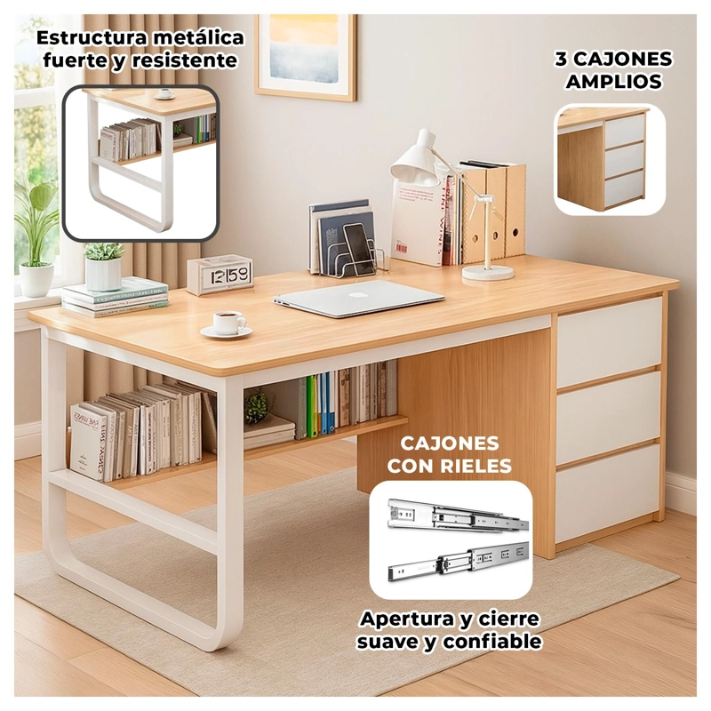 ESCRITORIO MUEBLE OFICINA MADERA 120 CM CON CAJONES Y REPISA MODERNO - 2
