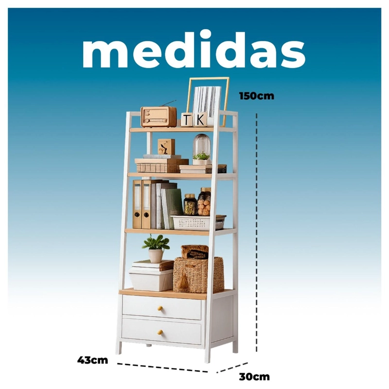 LIBRERO TIPO ESCALERA CON CAJONERO 4 REPISAS BLANCO MADERA - 6