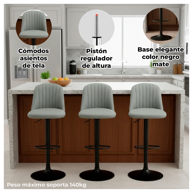 SILLA PISO BAR COMEDOR AJUSTABLE MODERNA TAPIZADA GRIS GIRATORIA - 2
