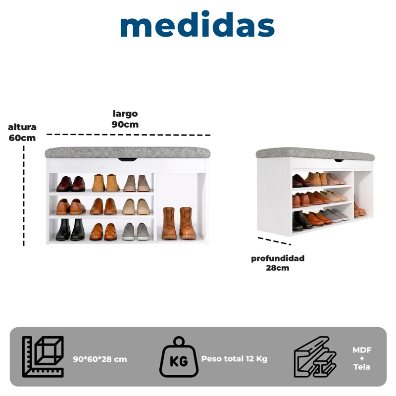ZAPATERO MUEBLE ORGANIZADOR CON ASIENTO BANCA Y CAJON 90CM - 8