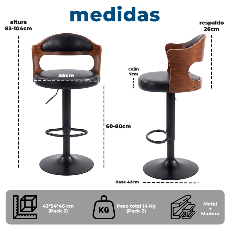 PACK 4 SILLA BAR TABURETE PISO COCINA GIRATORIO AJUSTABLE MADERA MODERNO - 8