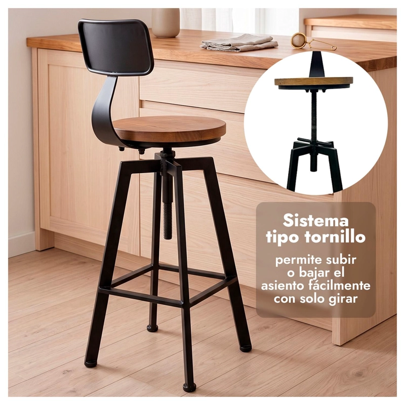TABURETE SILLA BAR COCINA PISO ALTO MADERA METAL ESTILO INDUSTRIAL - 4