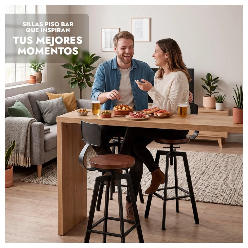 TABURETE SILLA BAR COCINA PISO ALTO MADERA METAL ESTILO INDUSTRIAL - 6