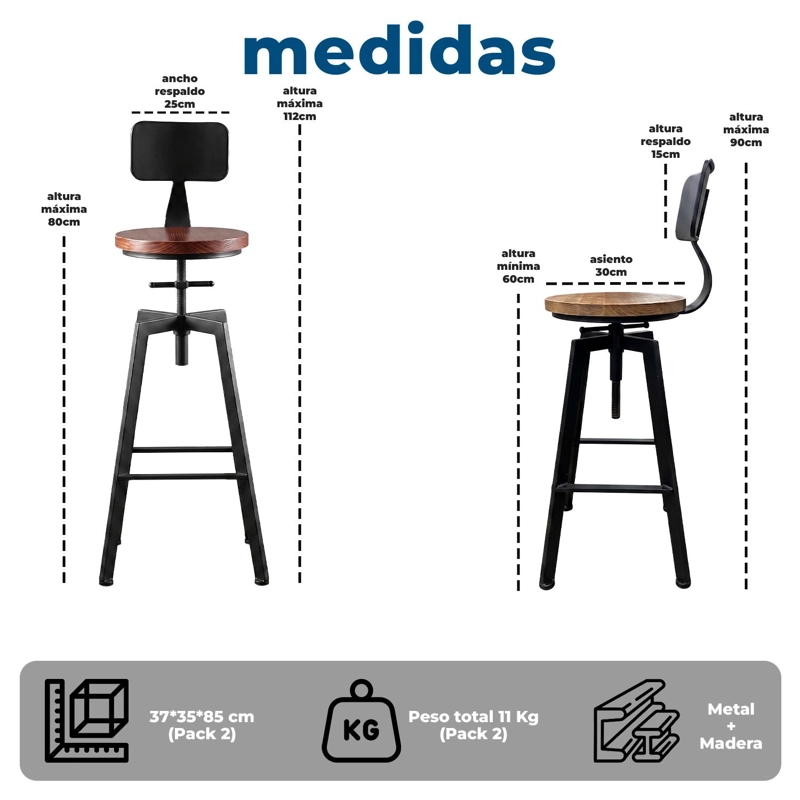 TABURETE SILLA BAR COCINA PISO ALTO MADERA METAL ESTILO INDUSTRIAL - 8