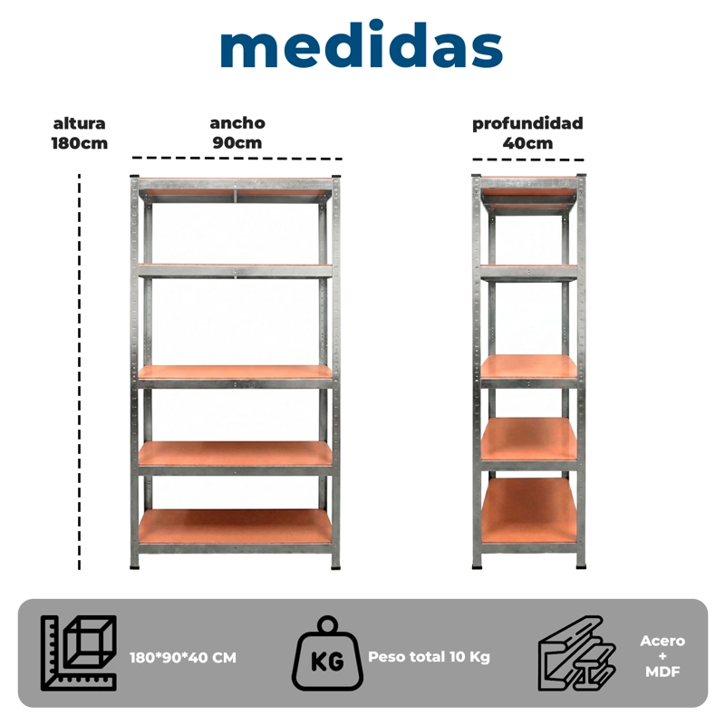 ESTANTERIA METALICA 5 NIVELES 180X90X40 CM MULTIUSO - 10