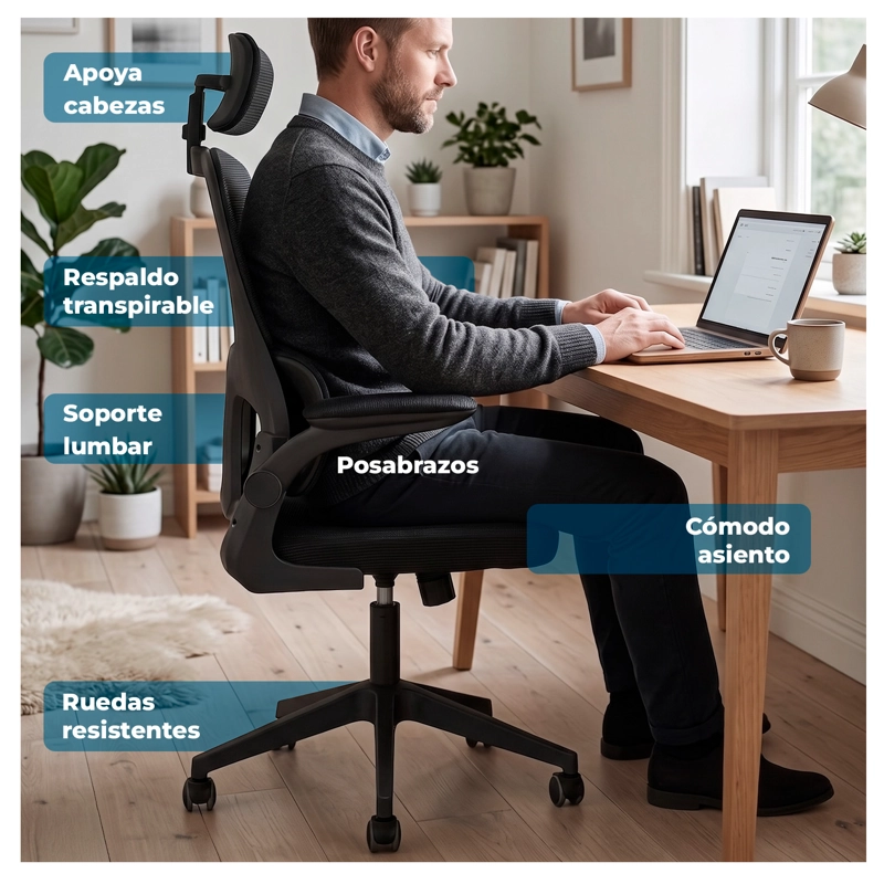 SILLA OFICINA ERGONOMICA RECLINABLE SOPORTE LUMBAR - 2