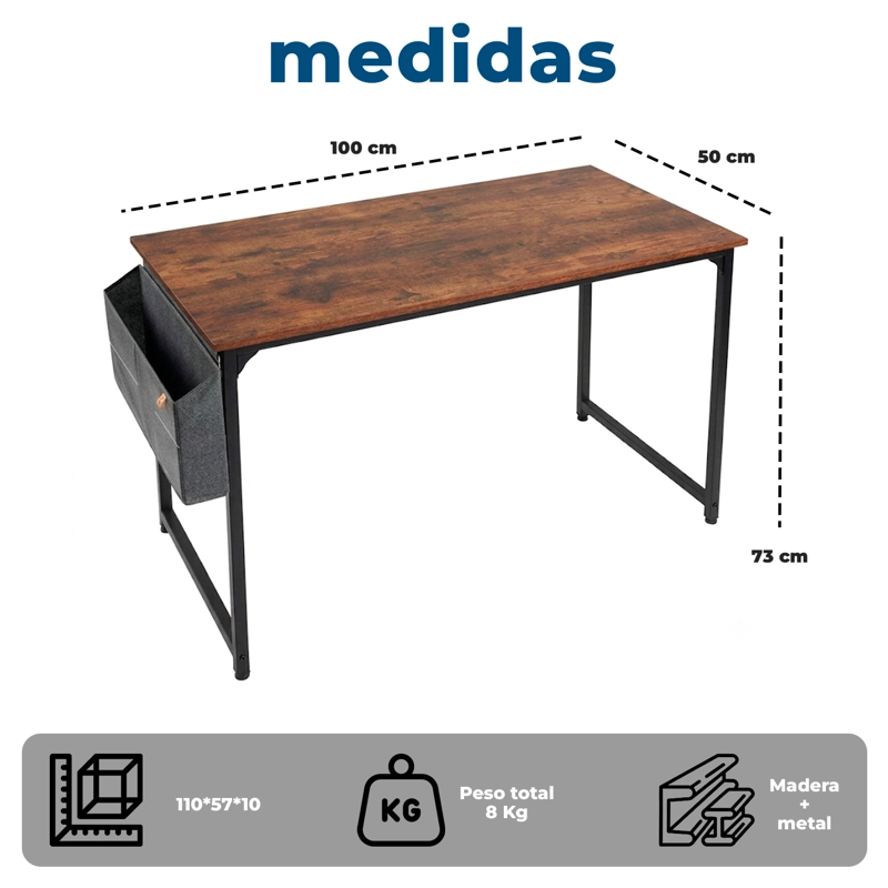 ESCRITORIO OFICINA 100CM ESTRUCTURA METALICA CON BOLSA Y GANCHO LATERAL - 8