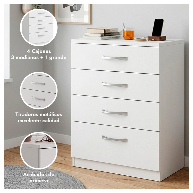COMODA BLANCA 4 CAJONES MUEBLE ORGANIZADOR DORMITORIO - 2