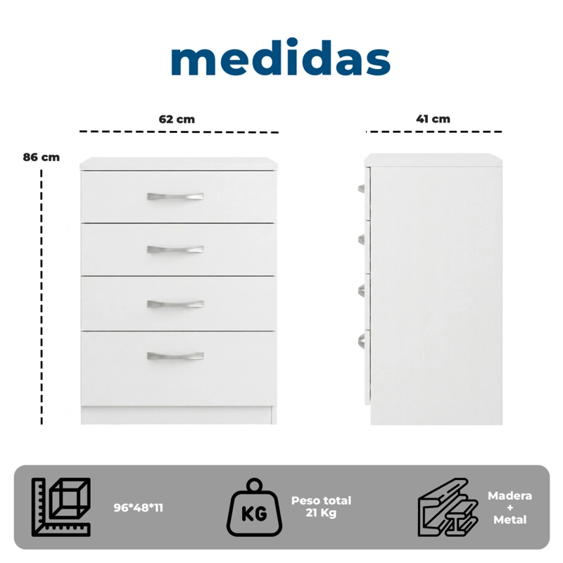 COMODA BLANCA 4 CAJONES MUEBLE ORGANIZADOR DORMITORIO - 8
