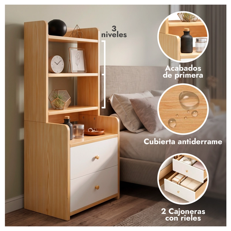 VELADOR CON LIBRERO 2 CAJONES REPISA ORGANIZADOR DORMITORIO - 2