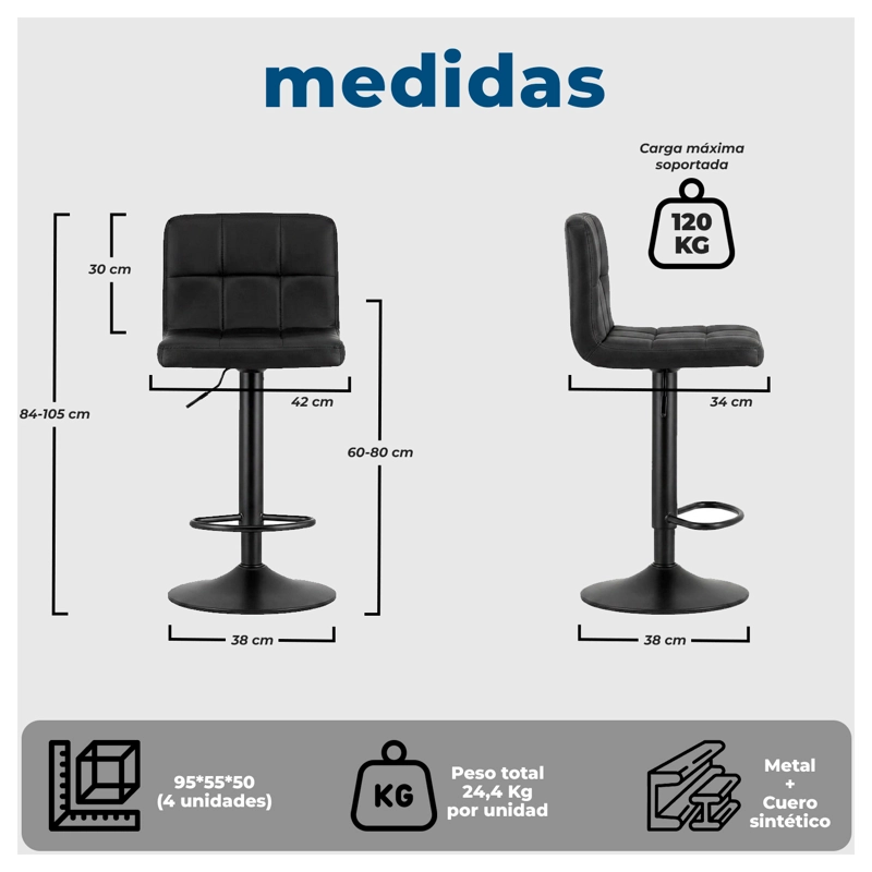 PACK 4 SILLA DE BAR CON BASE MATE Y ALTURA REGULABLE DISEÑO MODERNO - 8
