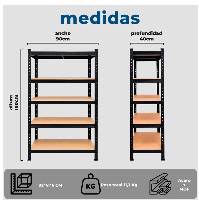 ESTANTE METALICO 5 NIVELES CON REPISAS REFORZADO NEGRO 150KG - 8