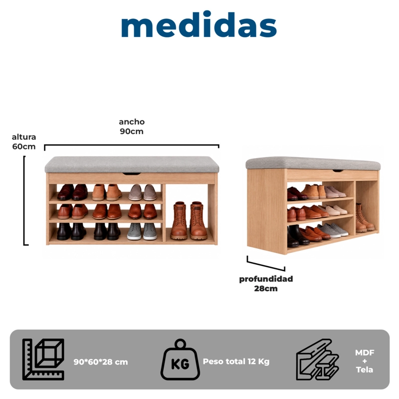ZAPATERO MUEBLE ORGANIZADOR CON ASIENTO BANCA Y CAJON 90CM - 8