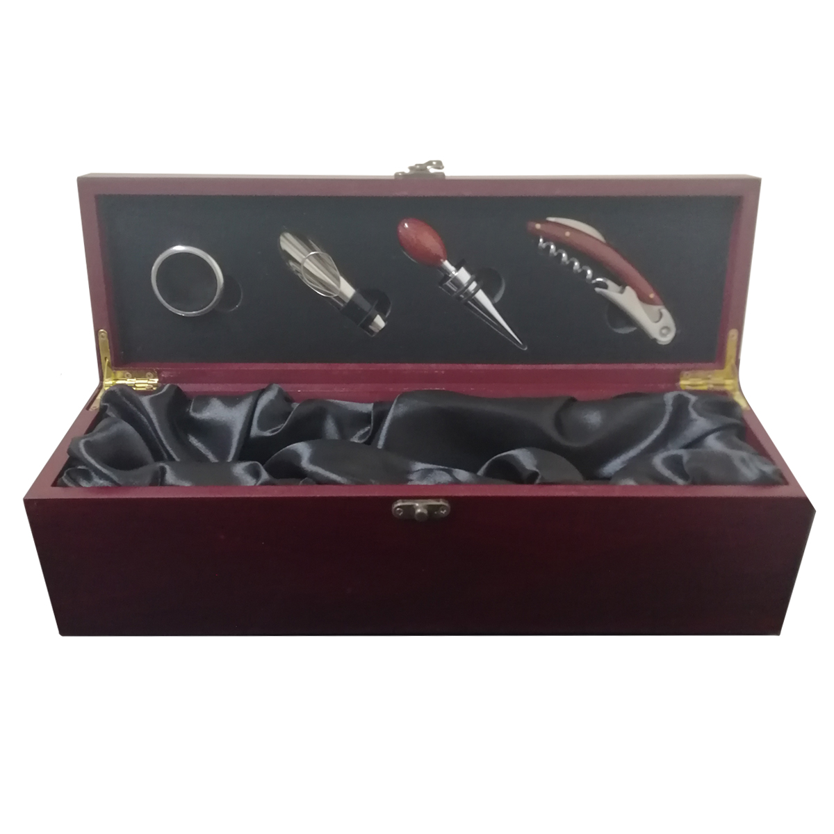 CAJA MADERA BARNIZADA 4 ACCESORIOS METÁLICOS VINO - 1