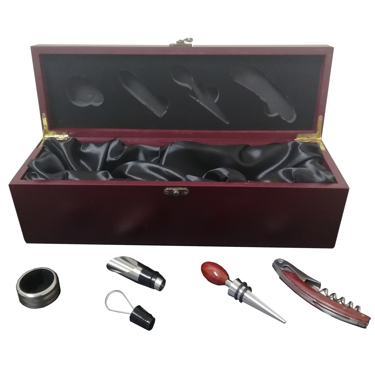 CAJA MADERA BARNIZADA 4 ACCESORIOS METÁLICOS VINO - 2