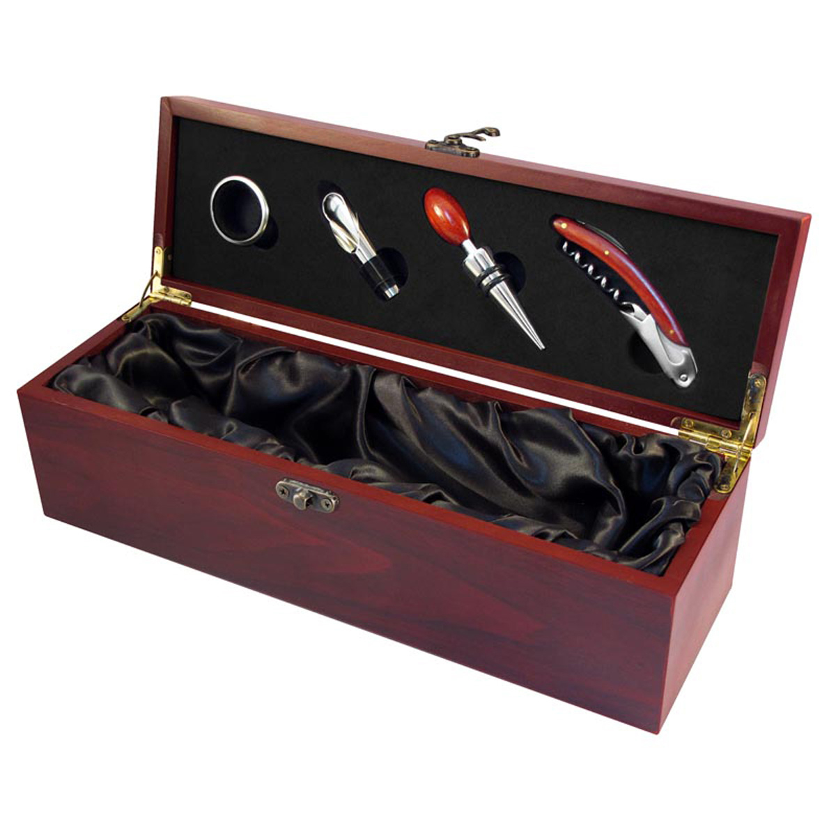 CAJA MADERA BARNIZADA 4 ACCESORIOS METÁLICOS VINO - 3