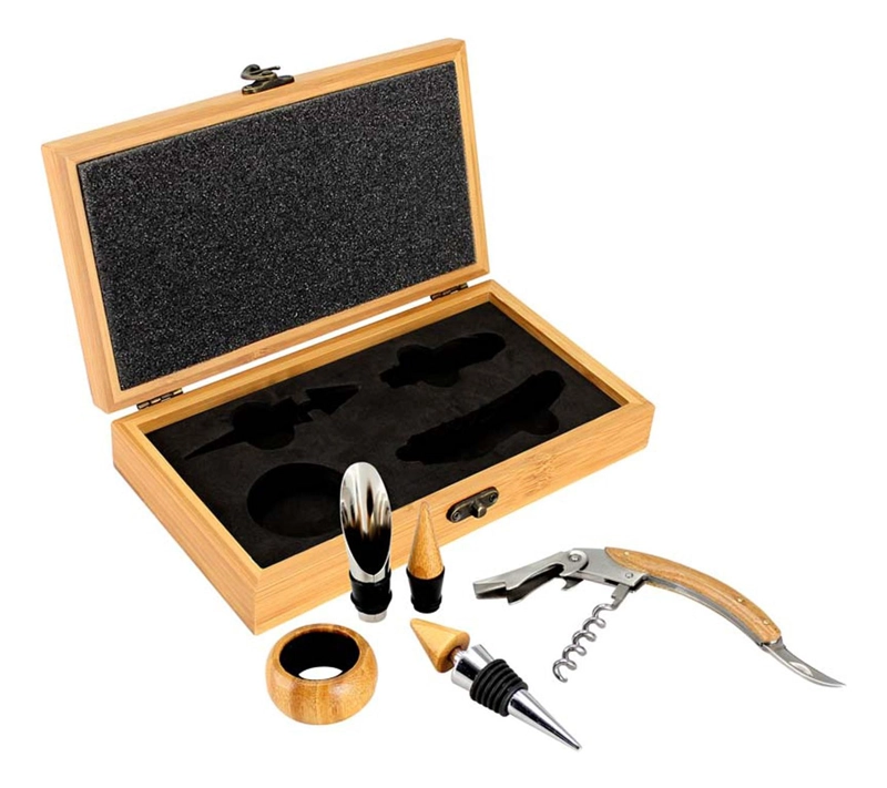 SET DELUXE VINO 4 ACCESORIOS BAMBU ECOLOGICO - 3