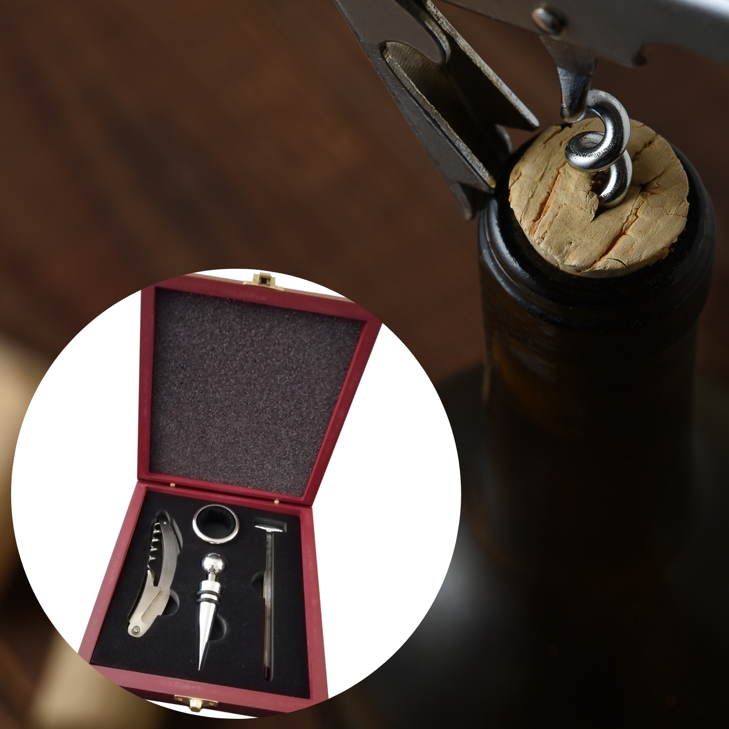 SET VINO 4 ACCESORIOS EN CAJA MADERA - 5