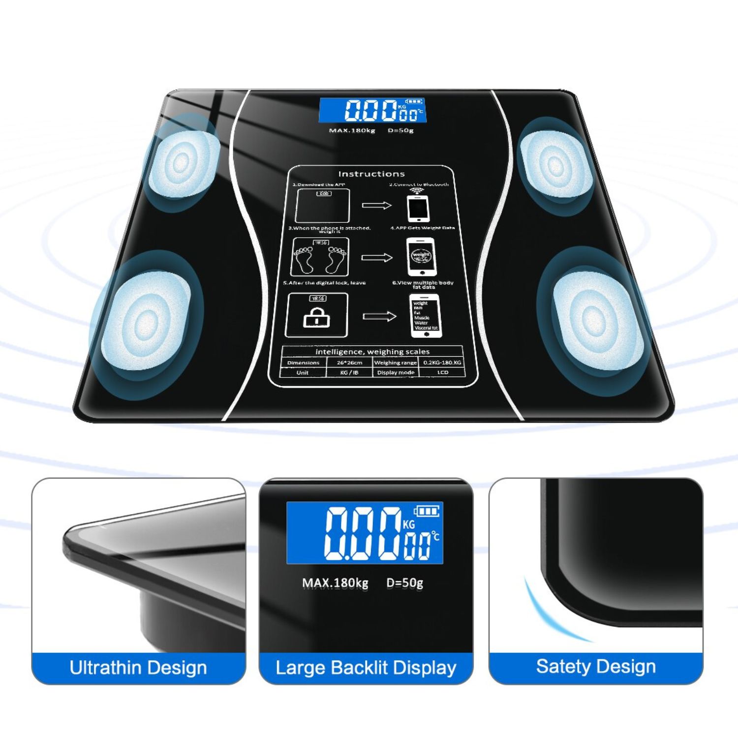 PESA IMPORTCLICK SAL.42 BALANZA ELECTRÓNICA BLUETOOTH 27 CM VIDRIO NEGRO - 3