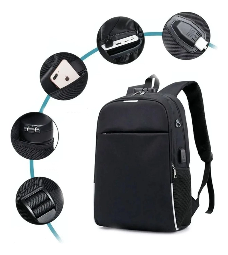 MOCHILA NOTEBOOK IMPERMEABLE USB NEGRO 46X30X15 CM - 3