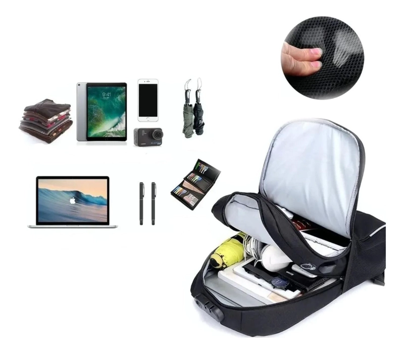 MOCHILA NOTEBOOK IMPERMEABLE USB NEGRO 46X30X15 CM - 6