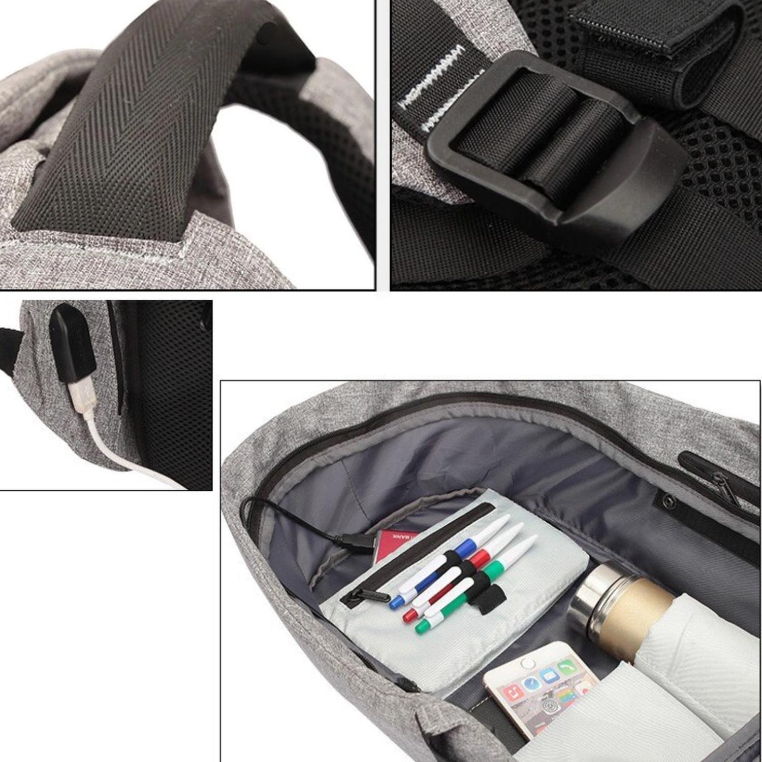 MOCHILA BOLSO NOTEBOOK ANTIRROBO AJUSTABLE ACOLCHADO 25 LT GRIS - 4