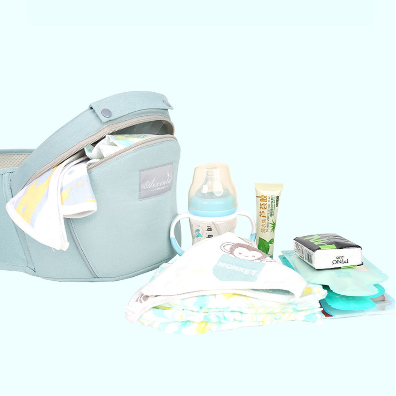MOCHILA IMPORTCLICK INF.66 PORTA BEBÉS ERGONÓMICA ASIENTO MULTIFUNCIONAL 6 EN 1 CELESTE - 4