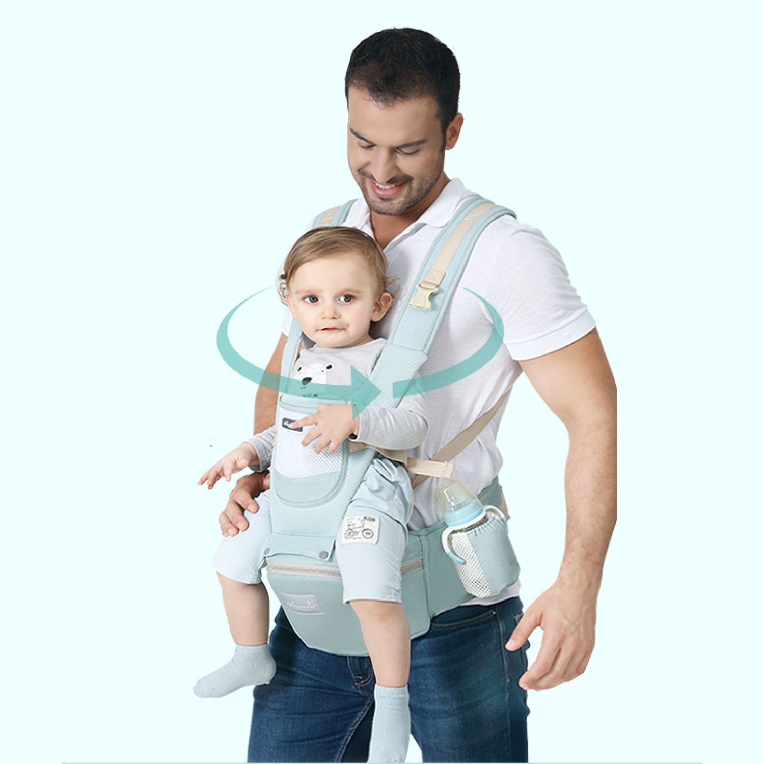 MOCHILA IMPORTCLICK INF.66 PORTA BEBÉS ERGONÓMICA ASIENTO MULTIFUNCIONAL 6 EN 1 CELESTE - 5