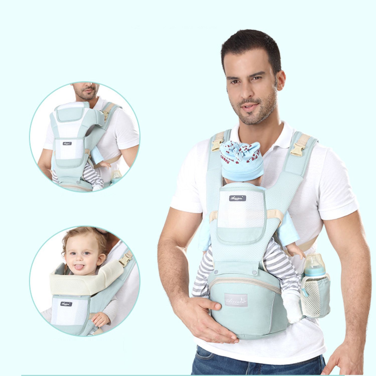 MOCHILA IMPORTCLICK INF.66 PORTA BEBÉS ERGONÓMICA ASIENTO MULTIFUNCIONAL 6 EN 1 CELESTE - 6