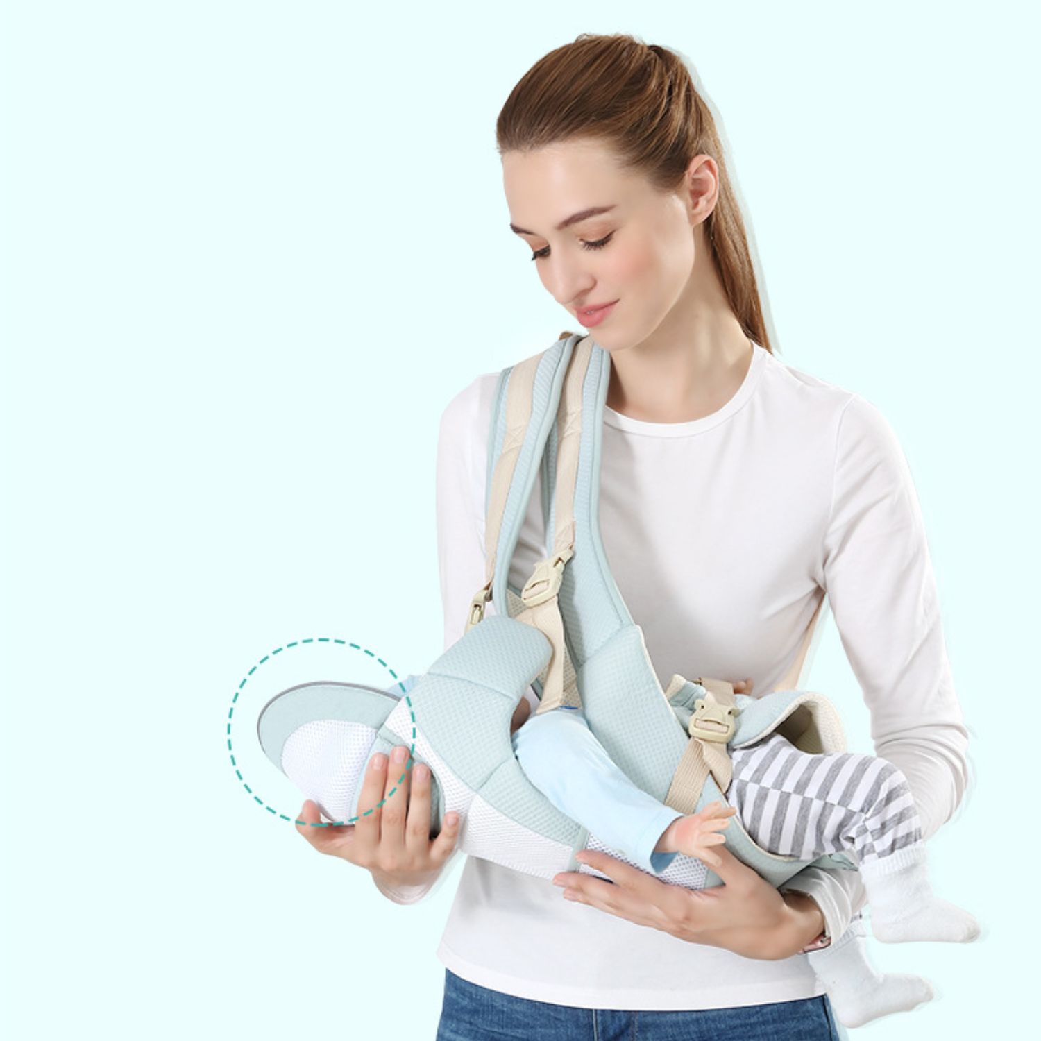 MOCHILA IMPORTCLICK INF.66 PORTA BEBÉS ERGONÓMICA ASIENTO MULTIFUNCIONAL 6 EN 1 CELESTE - 7