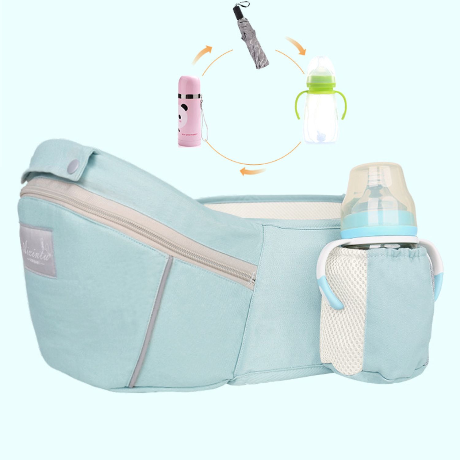 MOCHILA IMPORTCLICK INF.66 PORTA BEBÉS ERGONÓMICA ASIENTO MULTIFUNCIONAL 6 EN 1 CELESTE - 8