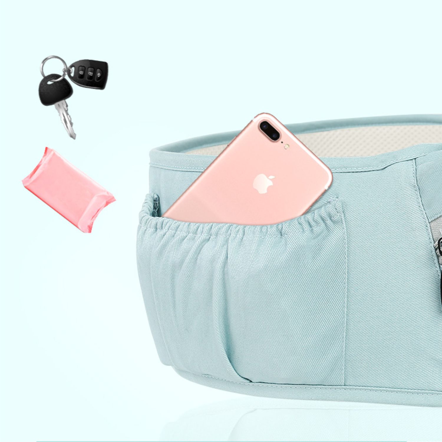 MOCHILA IMPORTCLICK INF.66 PORTA BEBÉS ERGONÓMICA ASIENTO MULTIFUNCIONAL 6 EN 1 CELESTE - 9