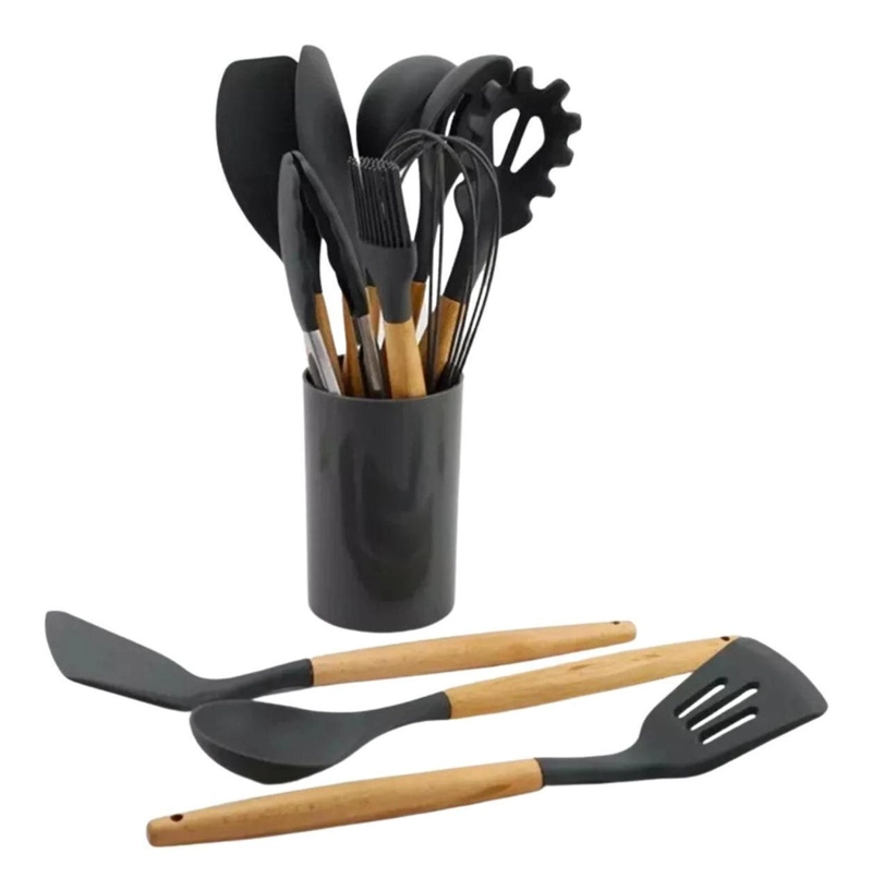 SET 11 UTENSILIOS COCINA ANTIADHERENTES SILICONA NEGRO - 1