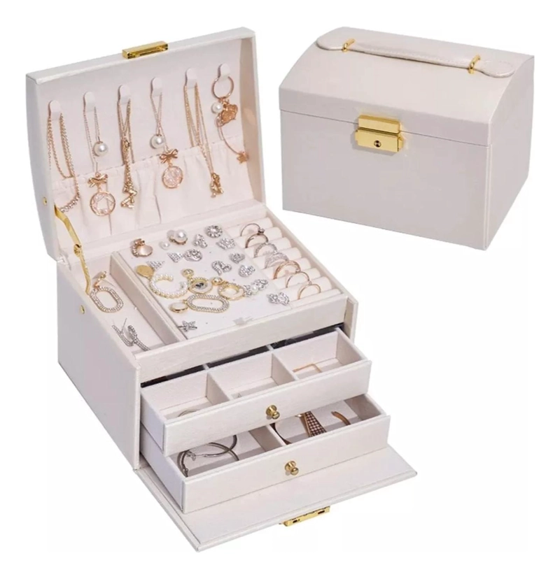 JOYERO IMPORTCLICK HOG.543 3 NIVELES DOBLE CAJÓN ECO CUERO BLANCO - 3
