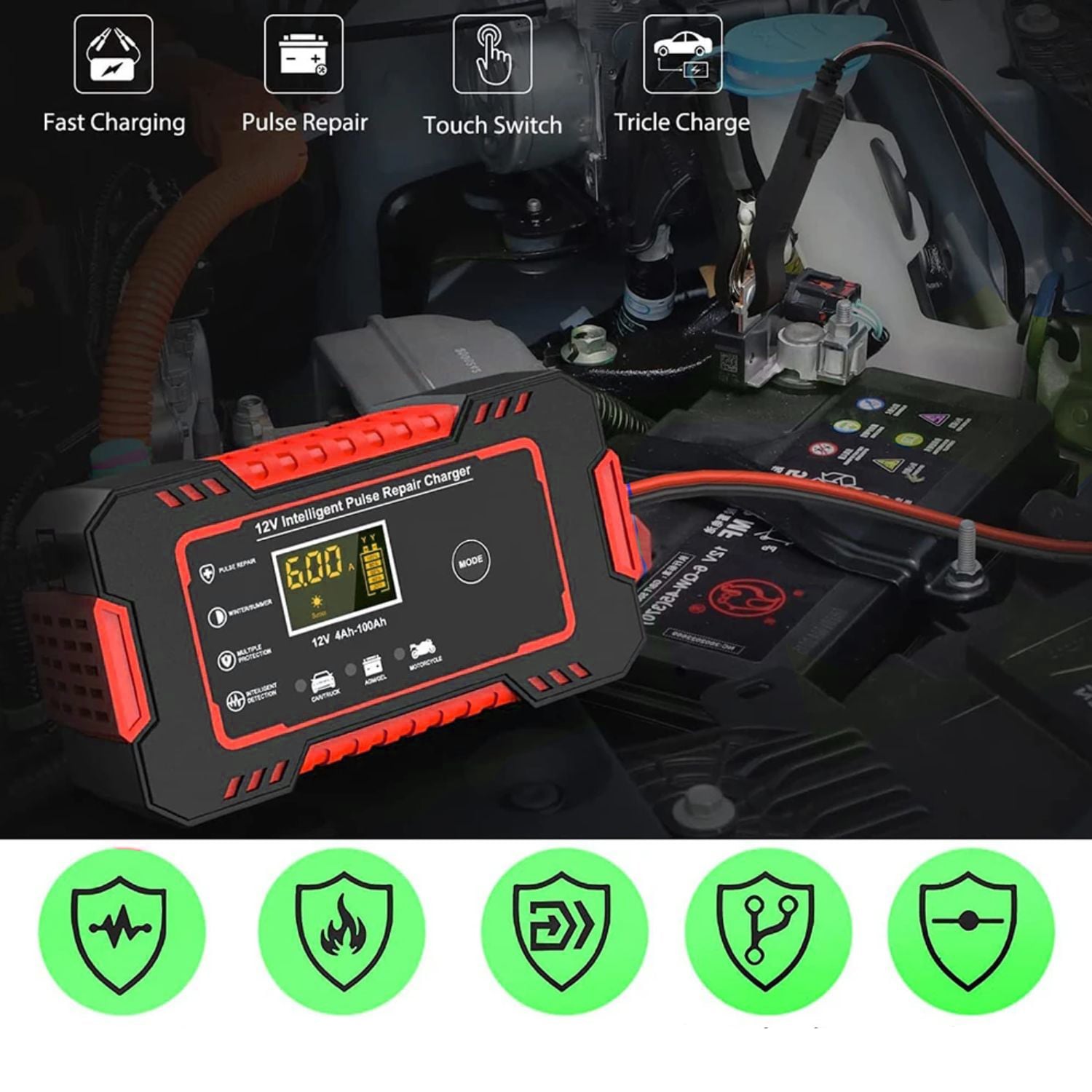 CARGADOR BATERÍA IMPORTCLICK AUTOMÓVIL 6 AMPERIOS MONITOR CARGA INTELIGENTE 12 V ROJO - 3