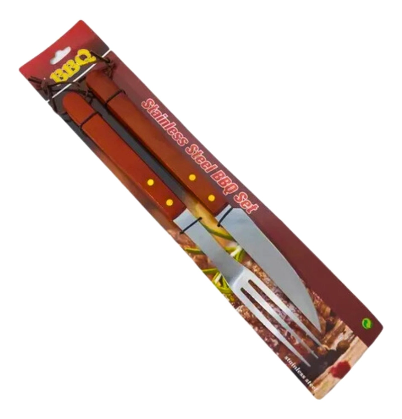 SET ASADO PARRILLA 2 PIEZAS ACERO INOXIDABLE MADERA - 1