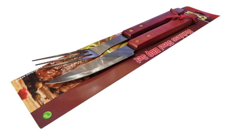SET ASADO PARRILLA 2 PIEZAS ACERO INOXIDABLE MADERA - 2