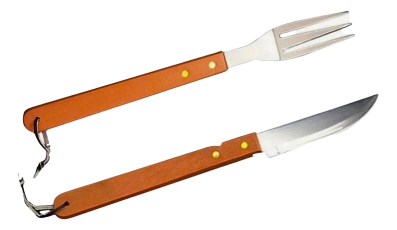 SET ASADO PARRILLA 2 PIEZAS ACERO INOXIDABLE MADERA - 3