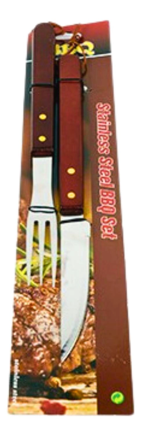 SET ASADO PARRILLA 2 PIEZAS ACERO INOXIDABLE MADERA - 4