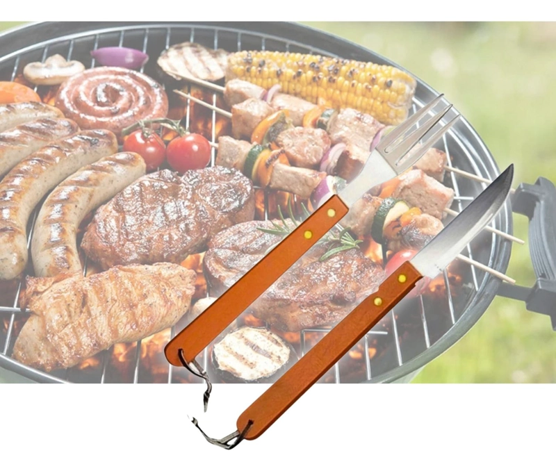 SET ASADO PARRILLA 2 PIEZAS ACERO INOXIDABLE MADERA - 5