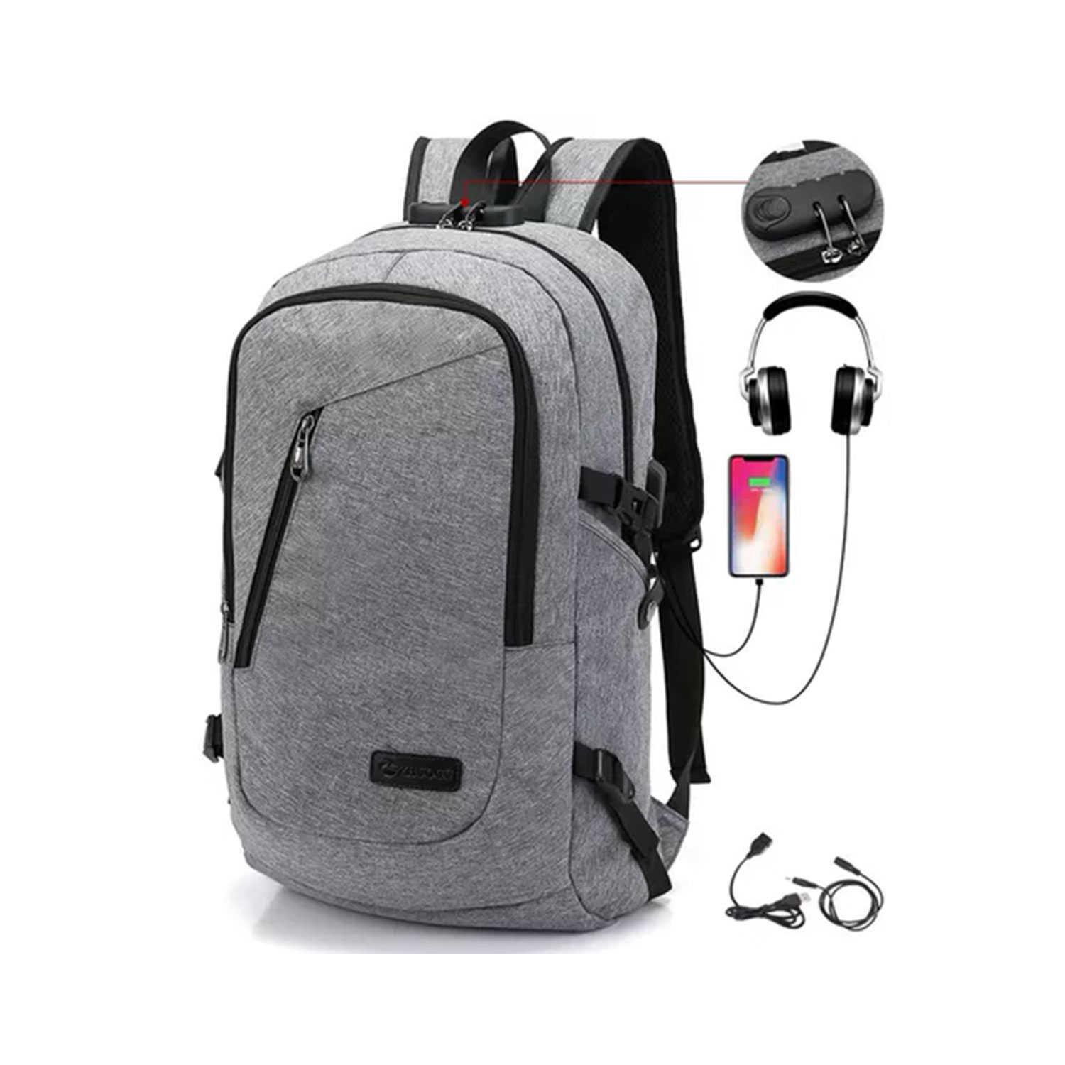 MOCHILA ANTIRROBO 30 LITROS CABLE USB GRIS - 3