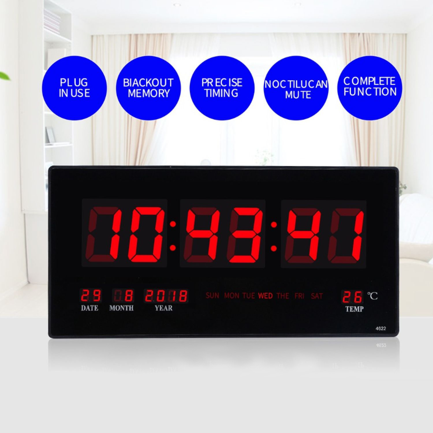 RELOJ DIGITAL LED PARED HORA FECHA TEMPERATURA 22X46X2.5 CM - 3