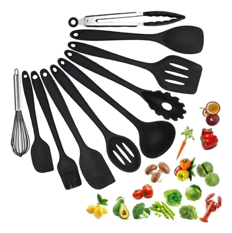 SET 10 UTENSILIOS COCINA SILICONA ANTIADHERENTE NEGRO - 1