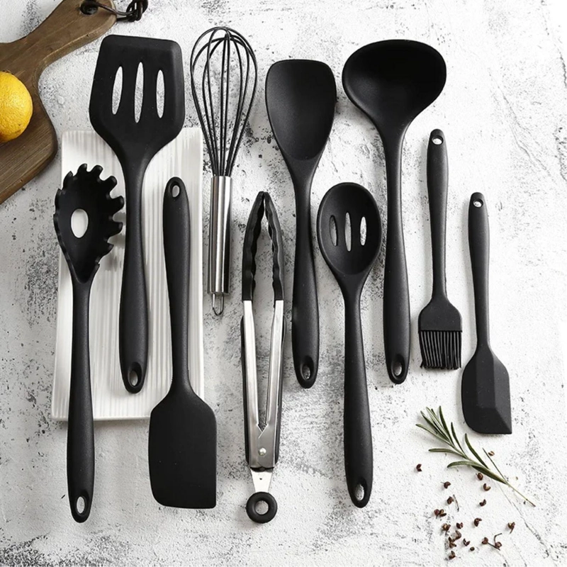 SET 10 UTENSILIOS COCINA SILICONA ANTIADHERENTE NEGRO - 5