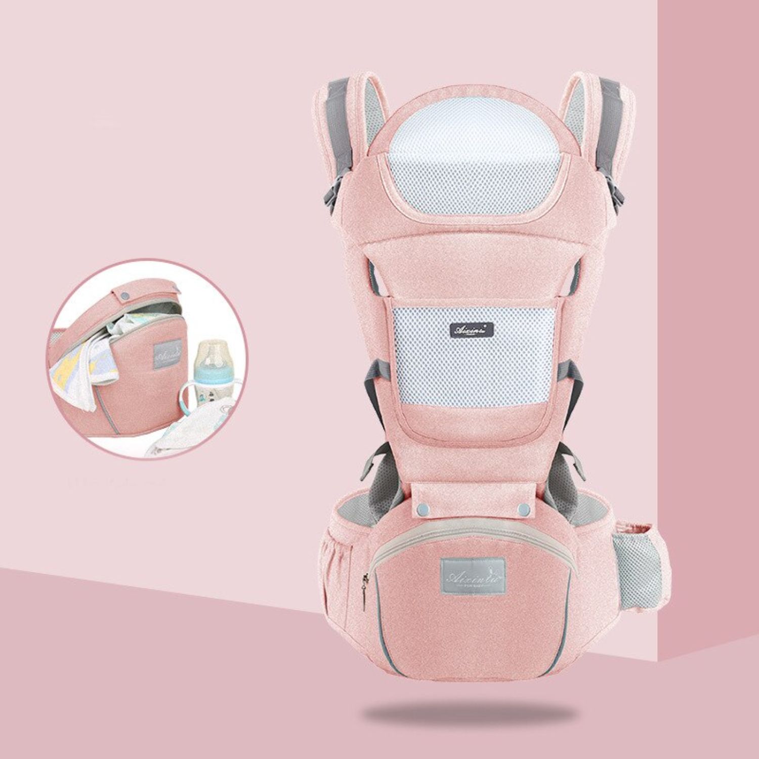 MOCHILA IMPORTCLICK INF.67 PORTA BEBÉS ERGONÓMICA ASIENTO MULTIFUNCIONAL 6 EN 1 ROSADO PALO ROSA - 9