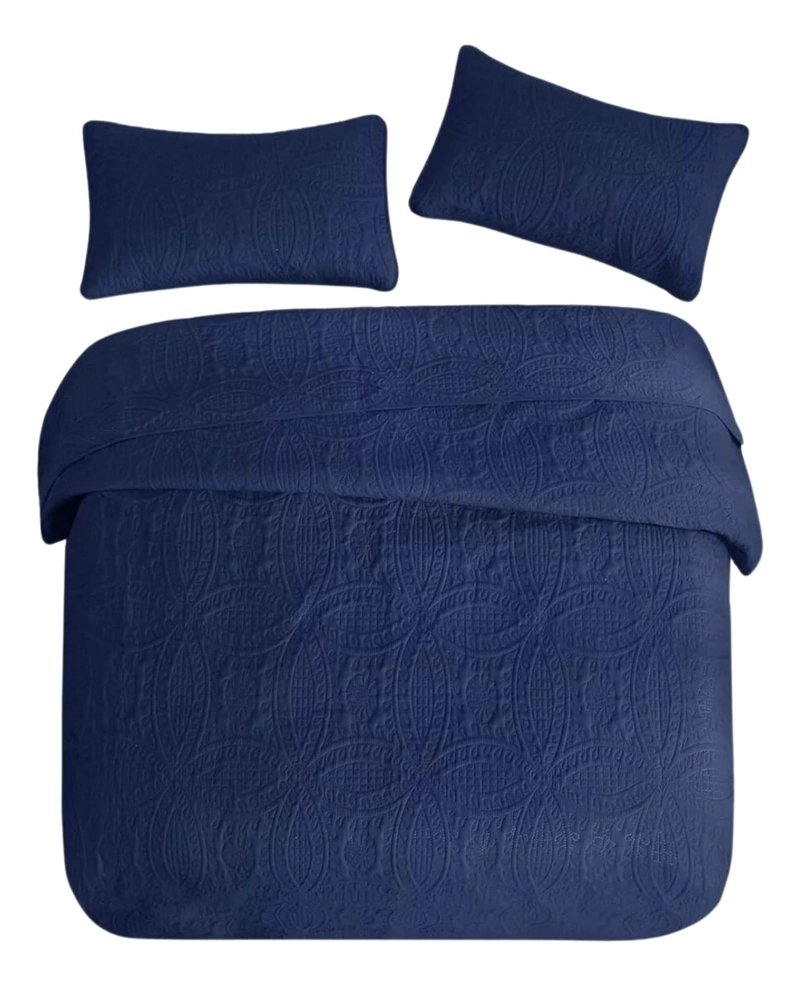 CUBRECAMA IMPORTCLICK AZUL BORDADO QUILT REVERSIBLE QUEEN 228X228 CM MÁS FUNDAS ALMOHADA - 2